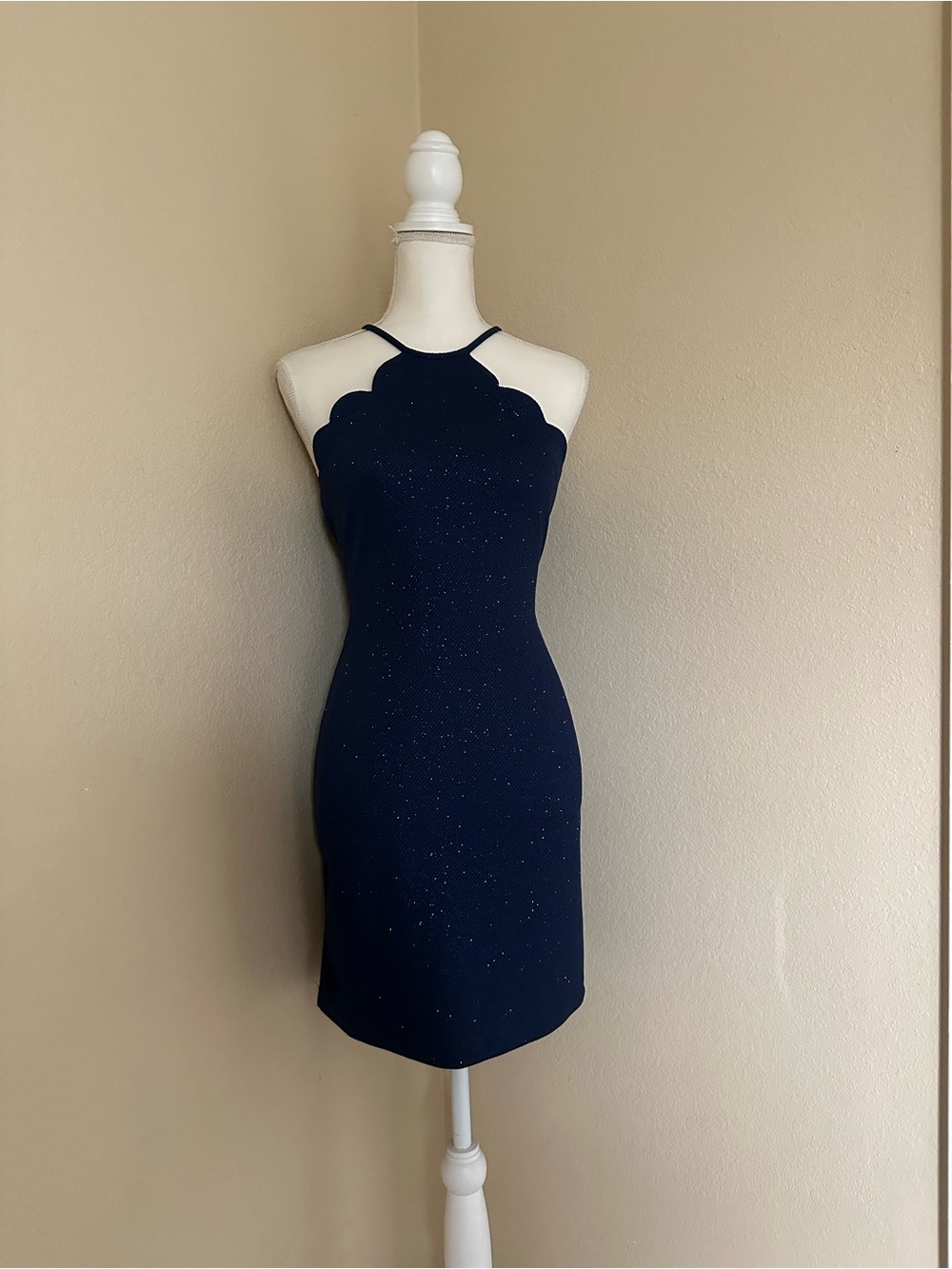 Navy Blue Scalloped Glitter Mini Dress Sz 1/2 Halter Neck Sparkle Y2K Prom